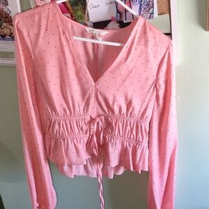 Women’s Pink Polka Dot V-Neck Ruffled Waist Tie Top